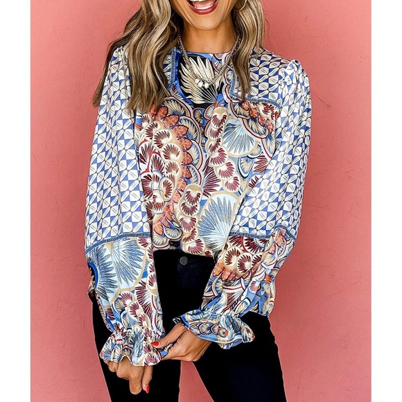 Fate Tops - Fate Boho Floral Blouse Medium Multicolor Lightweight Satin Peacock Festival